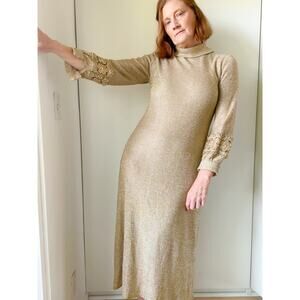 Vintage 60s Lilli Diamond Gold Knit Party Dress Formal Wear Size Medium Midi